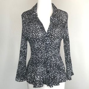 S.L.B. Vintage Style Black White Abstract Button Up Crinkle Long Sleeve Blouse